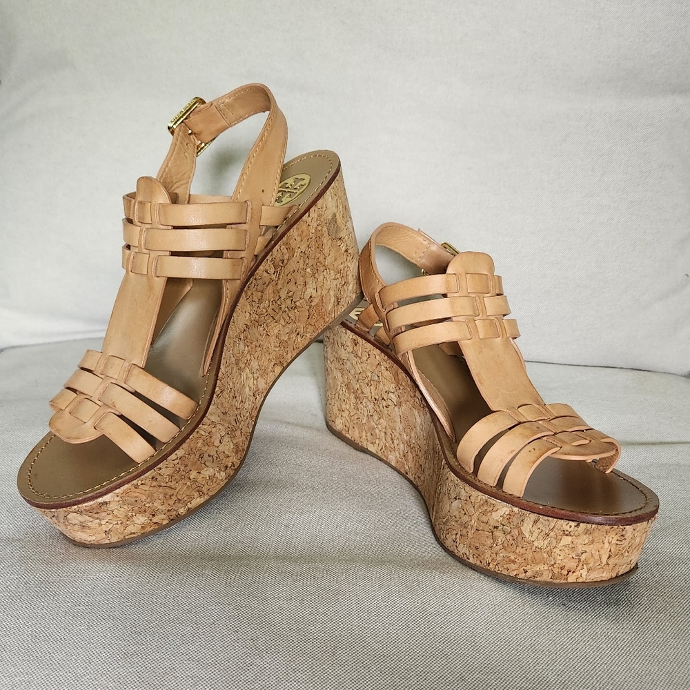 Tory Burch Leslie Leather and Cork Wedge Platform Sandal Like New!